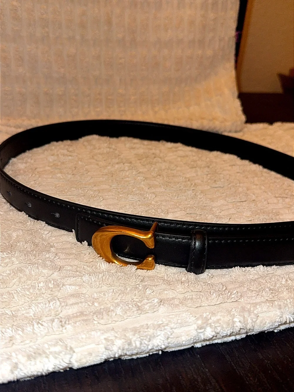 Black Leather Belt with Gold 'C' Buckle - Women's Fashion Accessory